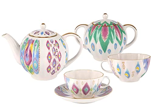 Lomonosov Porcelain Tulip Peacock's Feather Tea Set 6/14: Tea Pot, Sugar Bowl, 6 Cups with Saucers