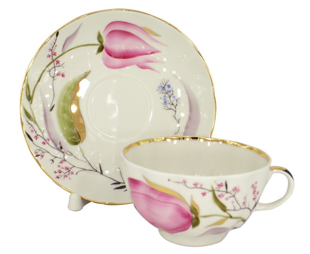 Lomonosov Porcelain Tea Set Cup, Saucer and Cake Plate Pink Tulips 3pc