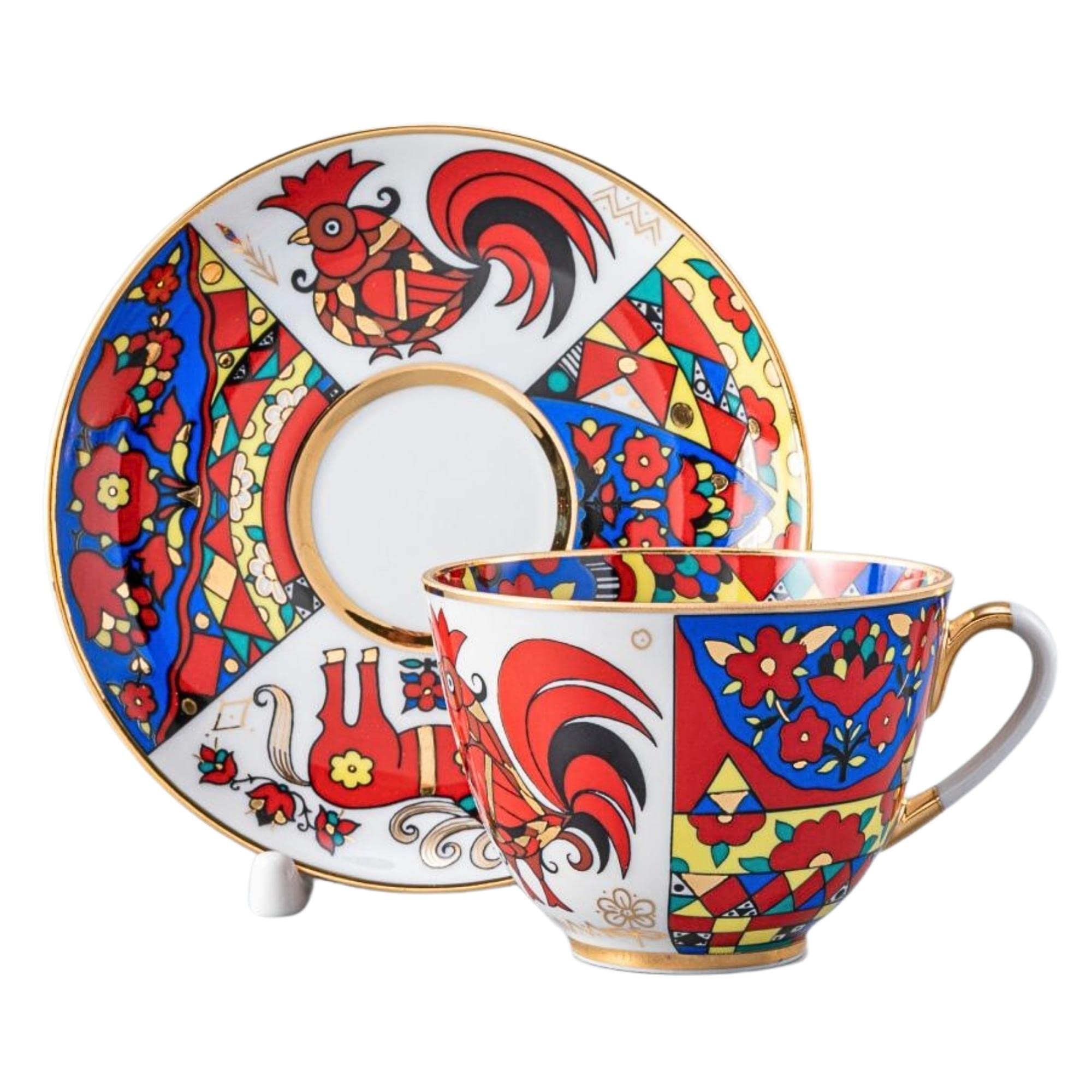 Imperial/Lomonosov Porcelain Teacup and Saucer Set 'Folk Patterns'