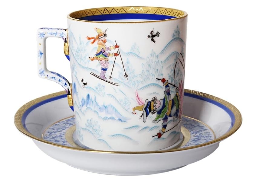 Lomonosov Porcelain Tea Set 4/10 Winter Fun, medium, White, Blue, Gold