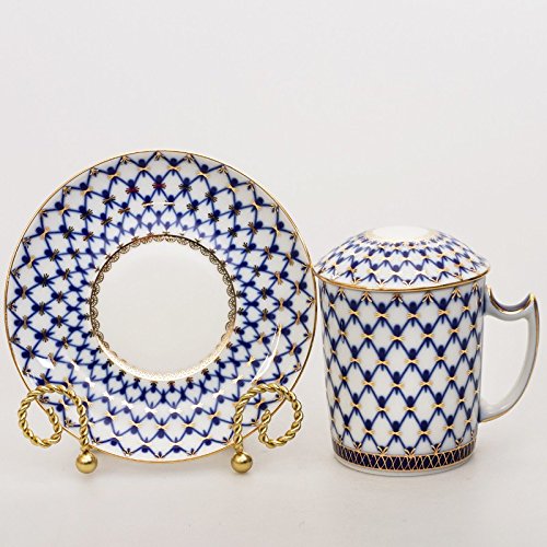 Imperial / Lomonosov Porcelain Mug w/ Lid and Saucer 'Cobalt Net'