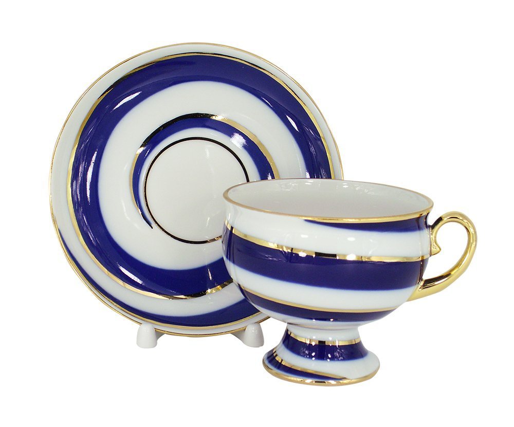 Lomonosov Porcelain Tea Set 2pc Cup and Saucer Twisted Loop 11 oz/325 ml
