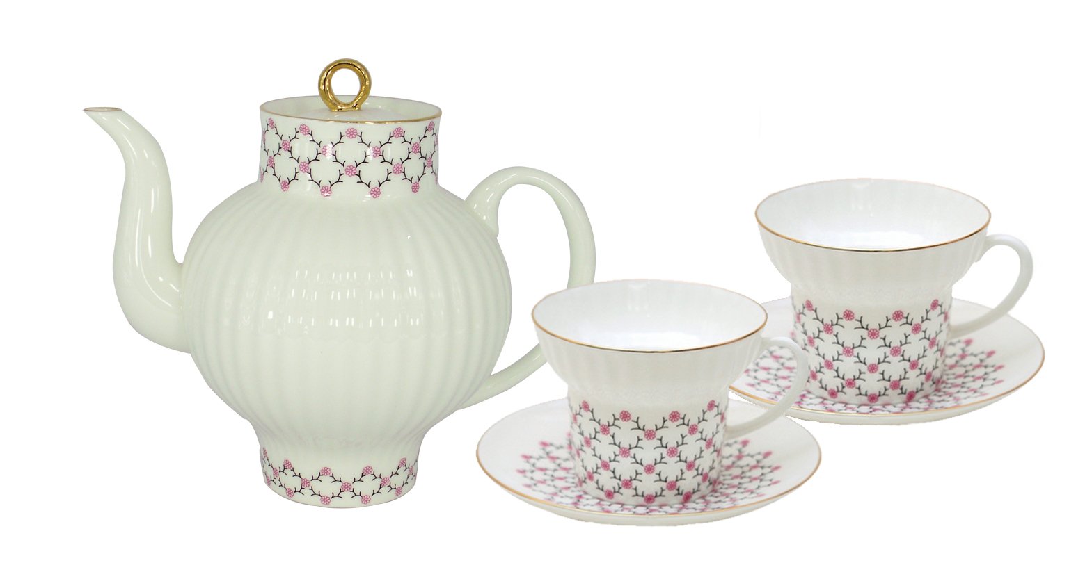 Bone China Tea Pot Wave Pink Net 27 fl.oz/800 ml and 2 Cups Lomonosov Porcelain Factory