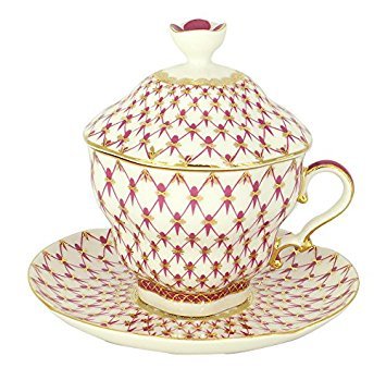 Lomonosov Porcelain Red Net Covered Tea Cup and Saucer 8.45 oz/250 ml