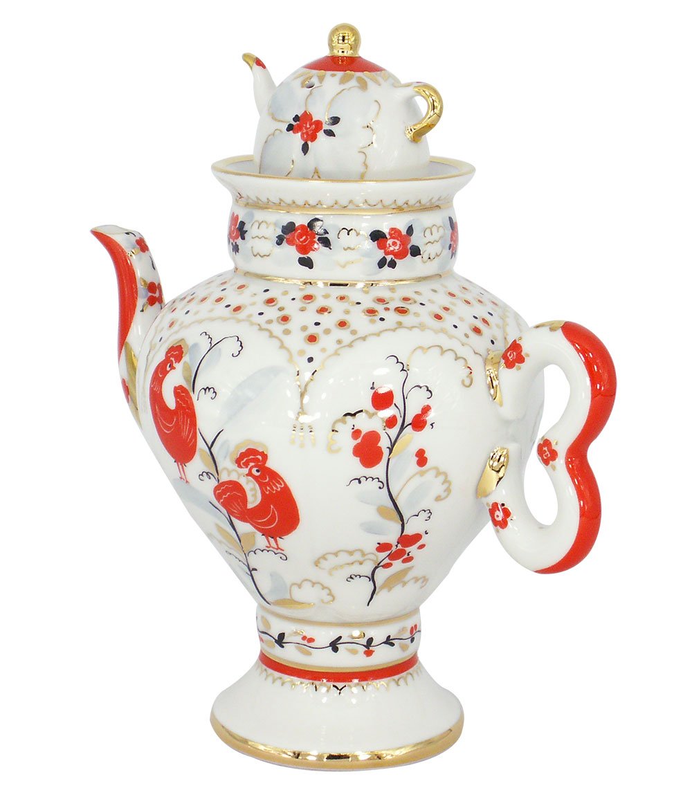 Lomonosov Porcelain Teapot Samovar Red Magic Birds 16.2 fl.oz/480 ml