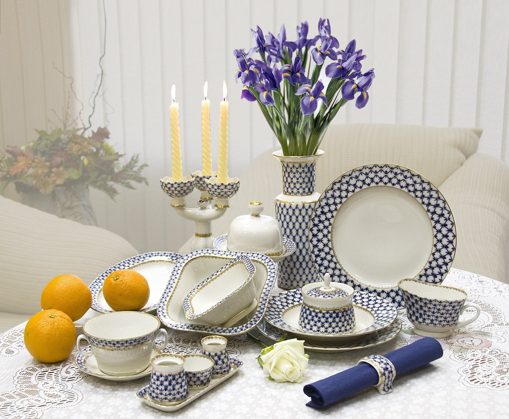 Lomonosov Imperial Porcelain Dinner Set Cobalt Net 24 Pieces