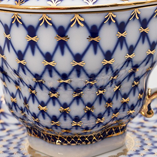 Imperial / Lomonosov Porcelain Cobalt Net Teacup w/ Saucer & Lid
