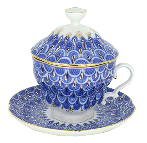Lomonosov Porcelain Covered Tea Cup with Saucer Tea Maker Forget me Not 8.45 oz/250 ml