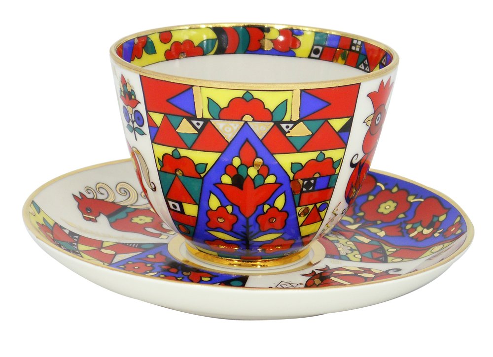 Lomonosov Porcelain Tea Set 2pc Cup and Saucer Spring Folk Designs 7.8 oz/230 ml