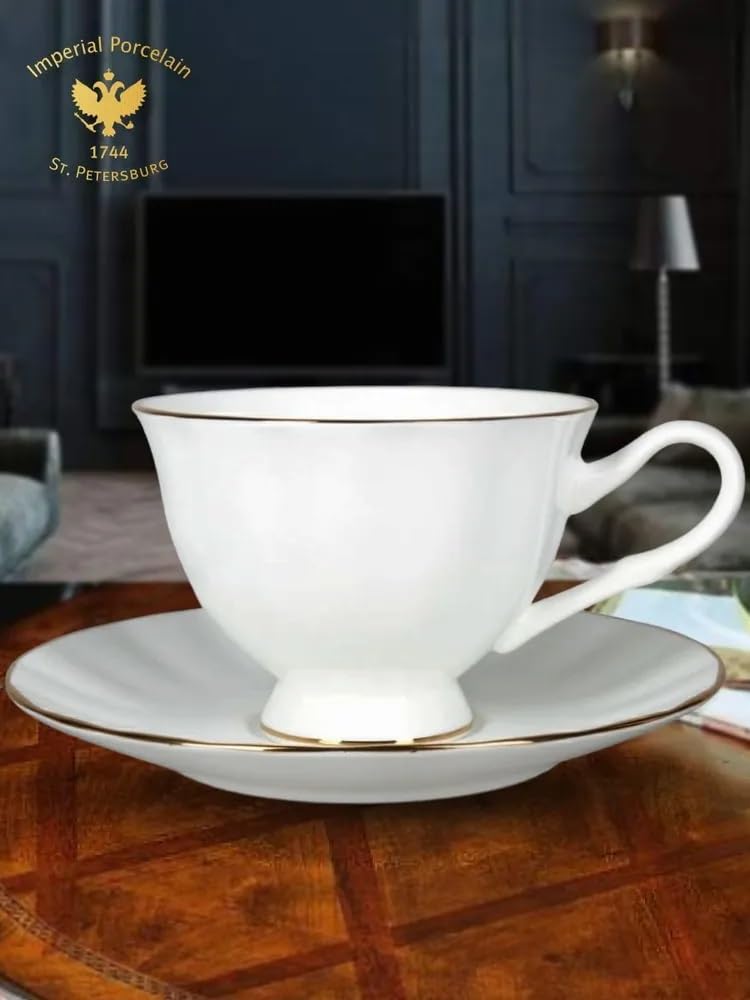 Lomonosov Porcelain Bone China Set Tea Cup and Saucer Nega Golden Ribbon 7.4 oz/220 ml