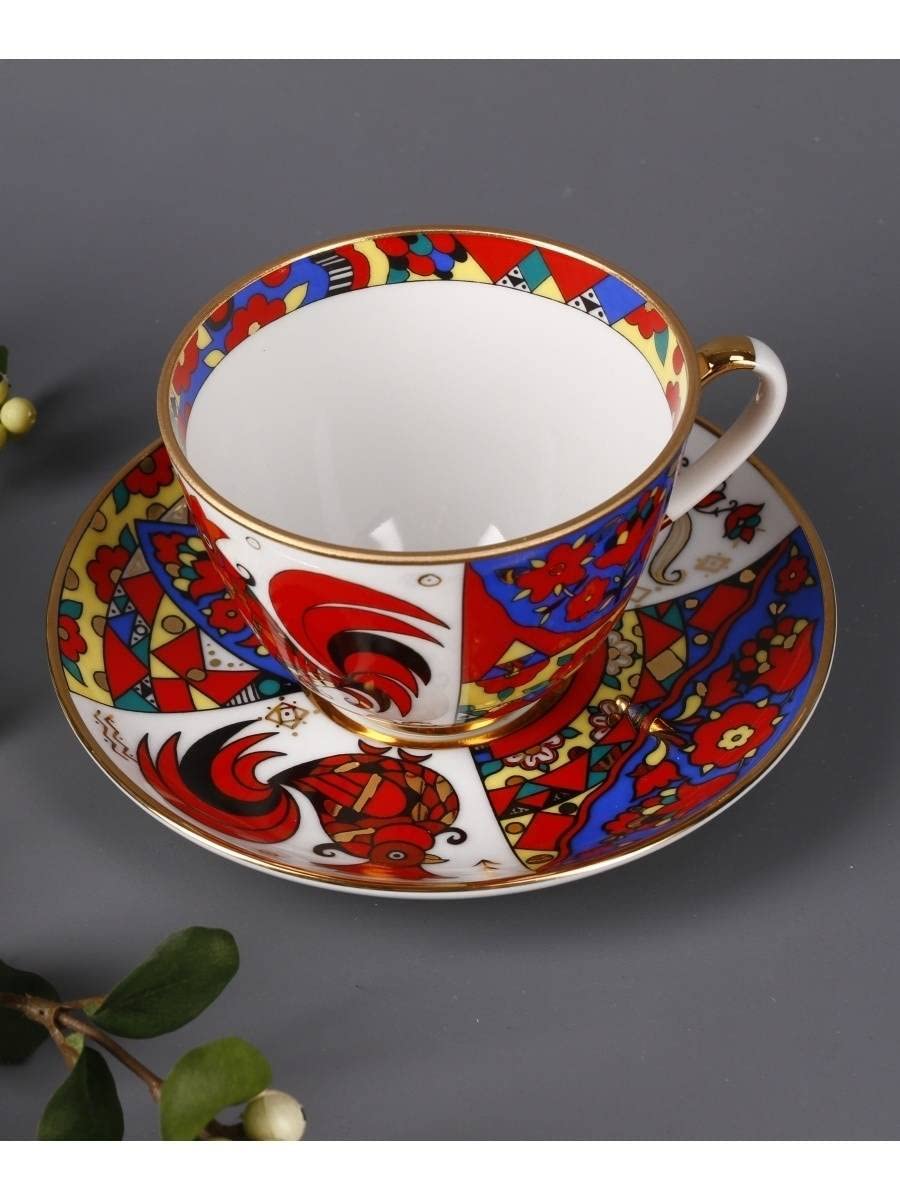 Imperial/Lomonosov Porcelain Teacup and Saucer Set 'Folk Patterns'