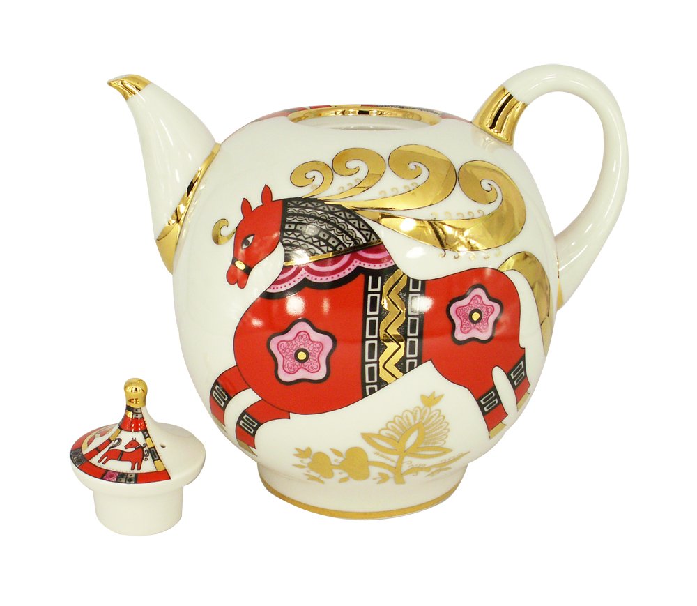 Lomonosov Porcelain Teapot Red Horse 12 Cups 82.8 oz/2450 ml