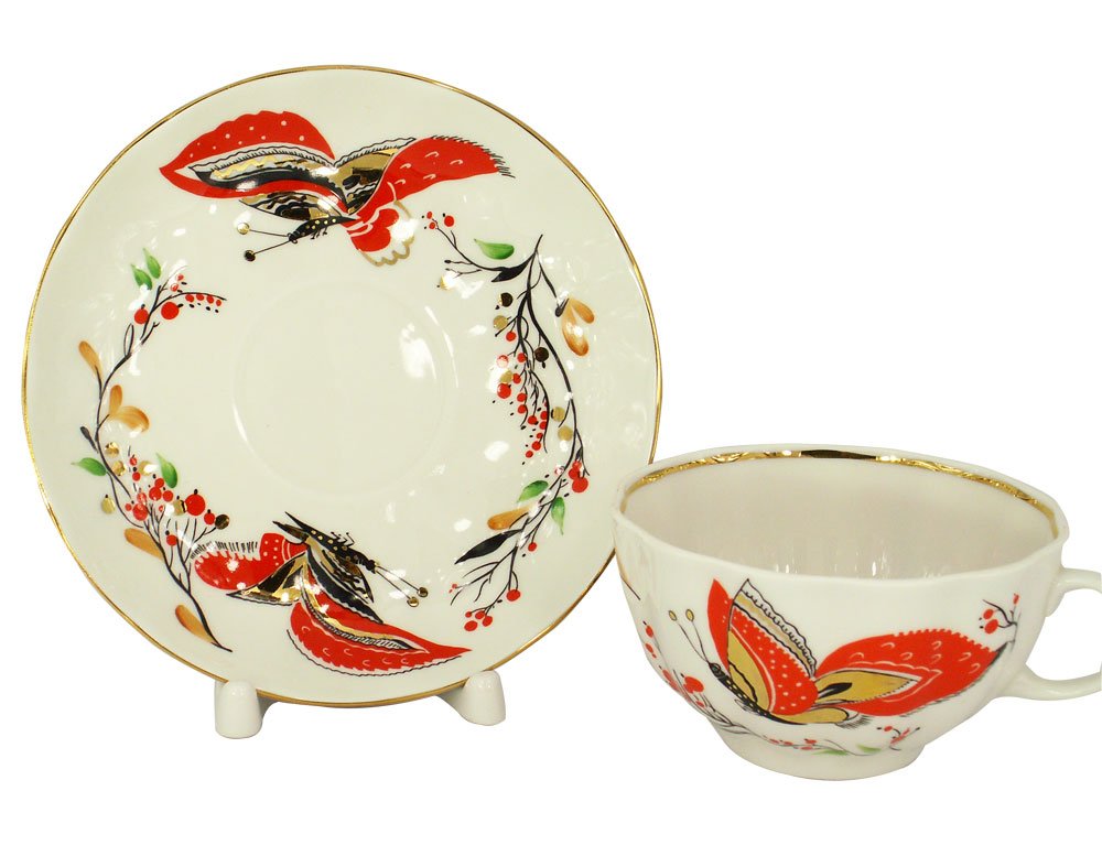 Lomonosov Porcelain Tea Set Cup and Saucer Tulip Red Butterflies 8.45 oz/250 ml
