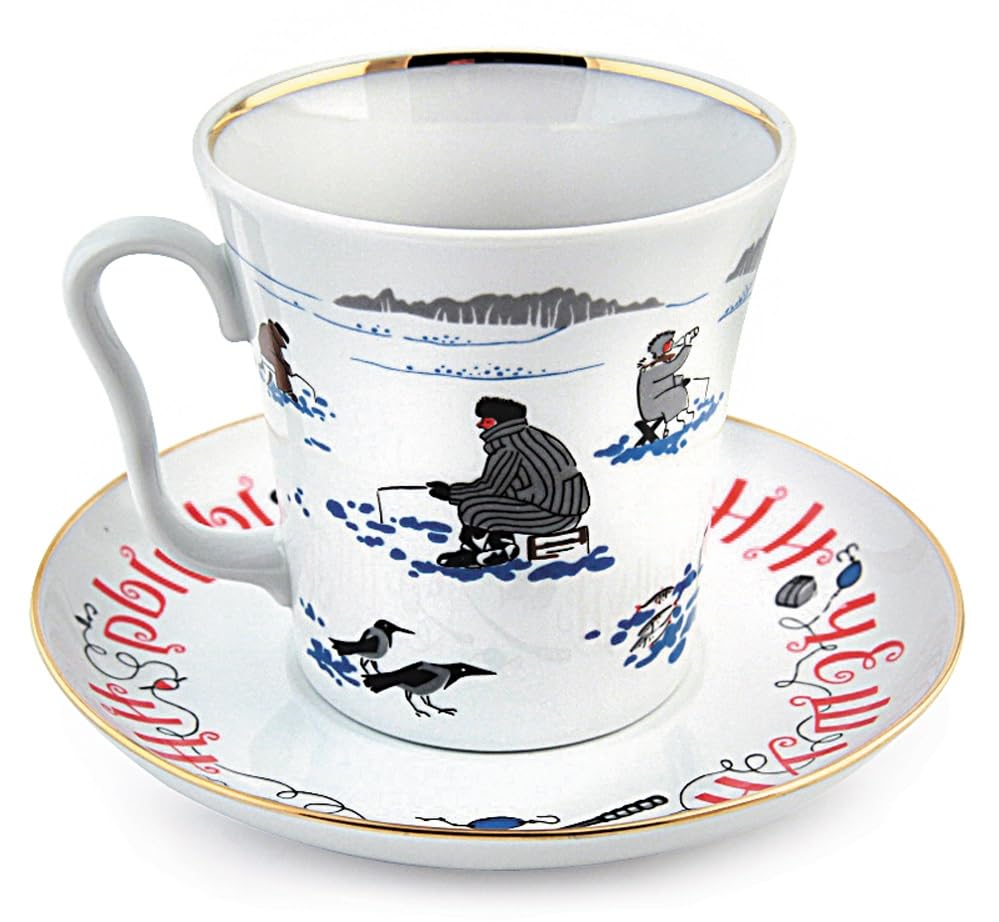 Lomonosov Imperial Porcelain Mug and Saucer Fishing Leningradskii 12.2 fl.oz/360 ml, White