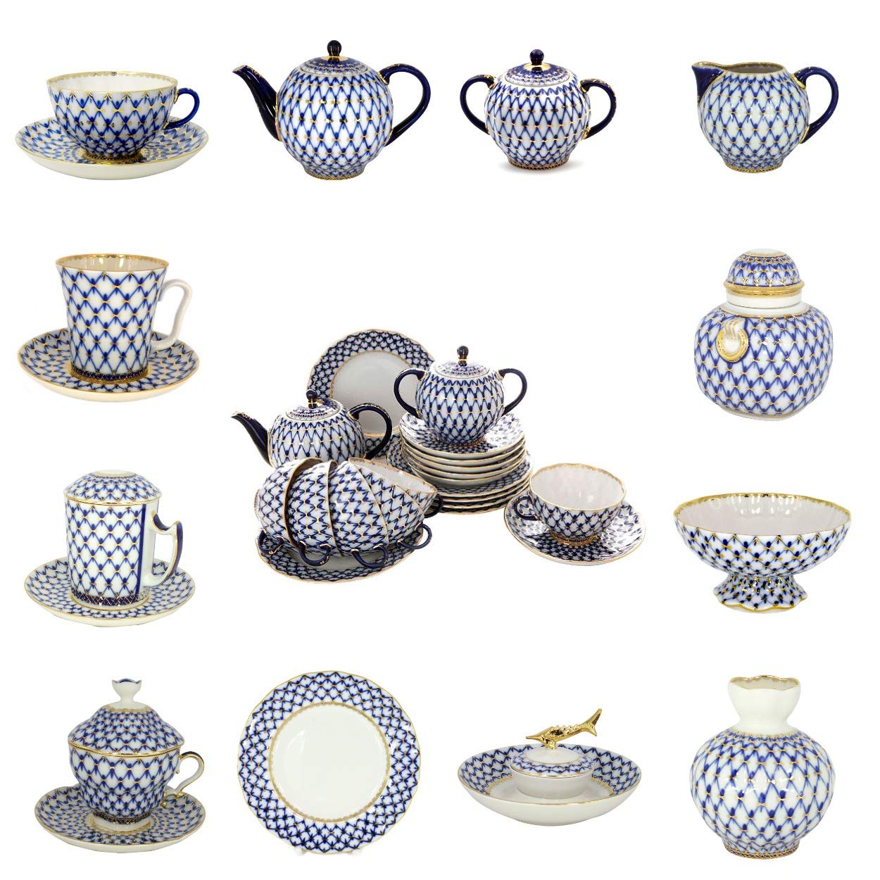 Lomonosov Porcelain Cobalt Net Sugar Bowl 22 Karat Gold 15 fl.oz