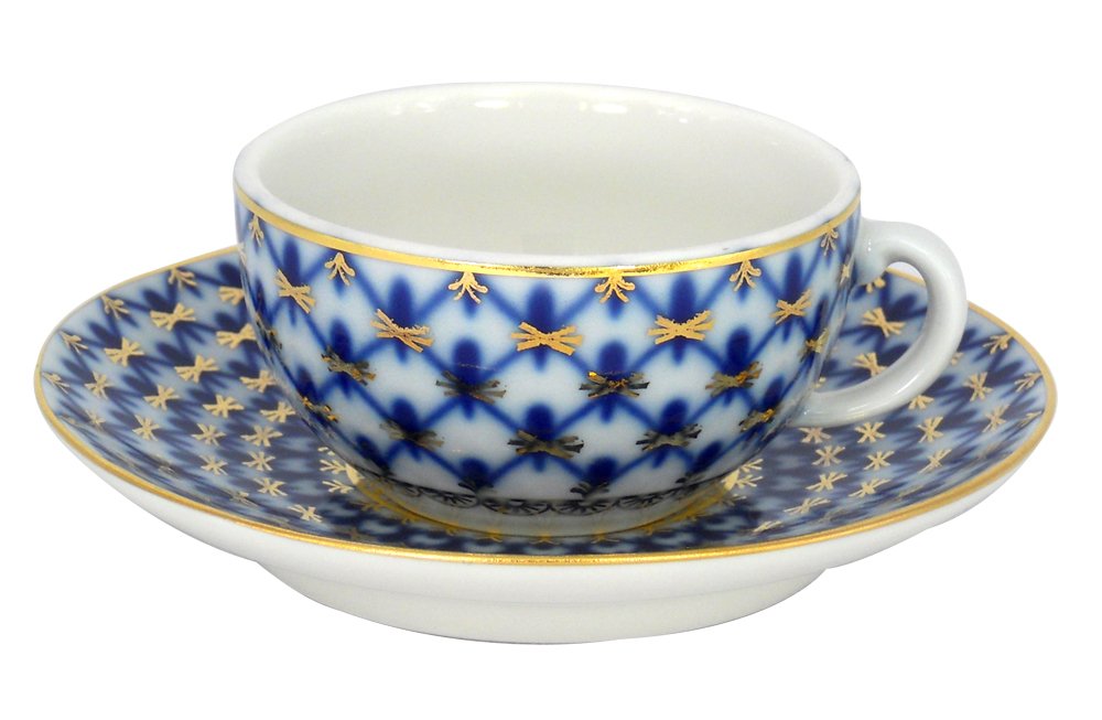 Lomonosov Imperial Porcelain Espresso Coffee Tea Cup with Saucer Cobalt Net