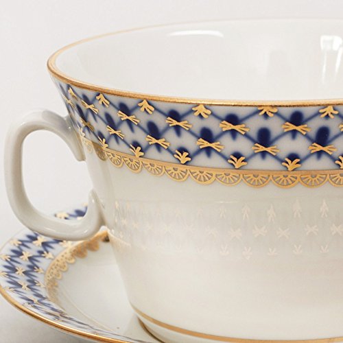 Imperial / Lomonosov Porcelain Soup Cup w/ Saucer 'Cobalt Net'