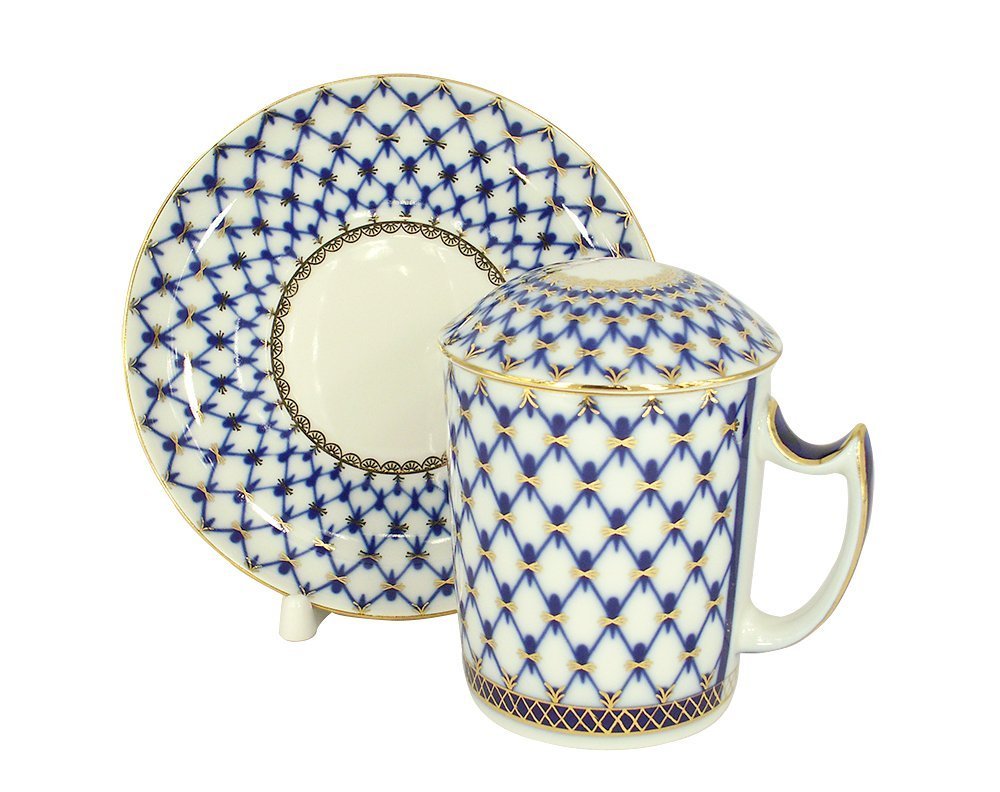 Lomonosov Porcelain Cobalt Net Covered Herbal Steep 12.8 oz Mug with Saucer