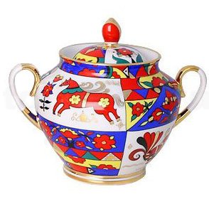 Lomonosov Porcelain Tea Set 6/20 Spring Folk Patterns: Tea Pot, Sugar Bowl, 6 Cups, Saucers and Cake Plates