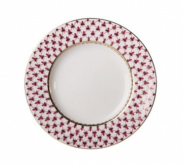 Lomonosov Porcelain Cake Dessert Smooth Plate Red Net Blues 7" Diameter