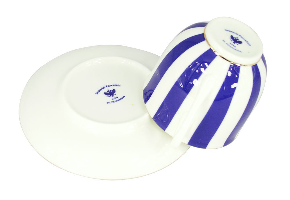 Lomonosov Porcelain Bone China Tea/Coffee Cup and Saucer Cobalt Blue Yes and No 6 oz/180 ml