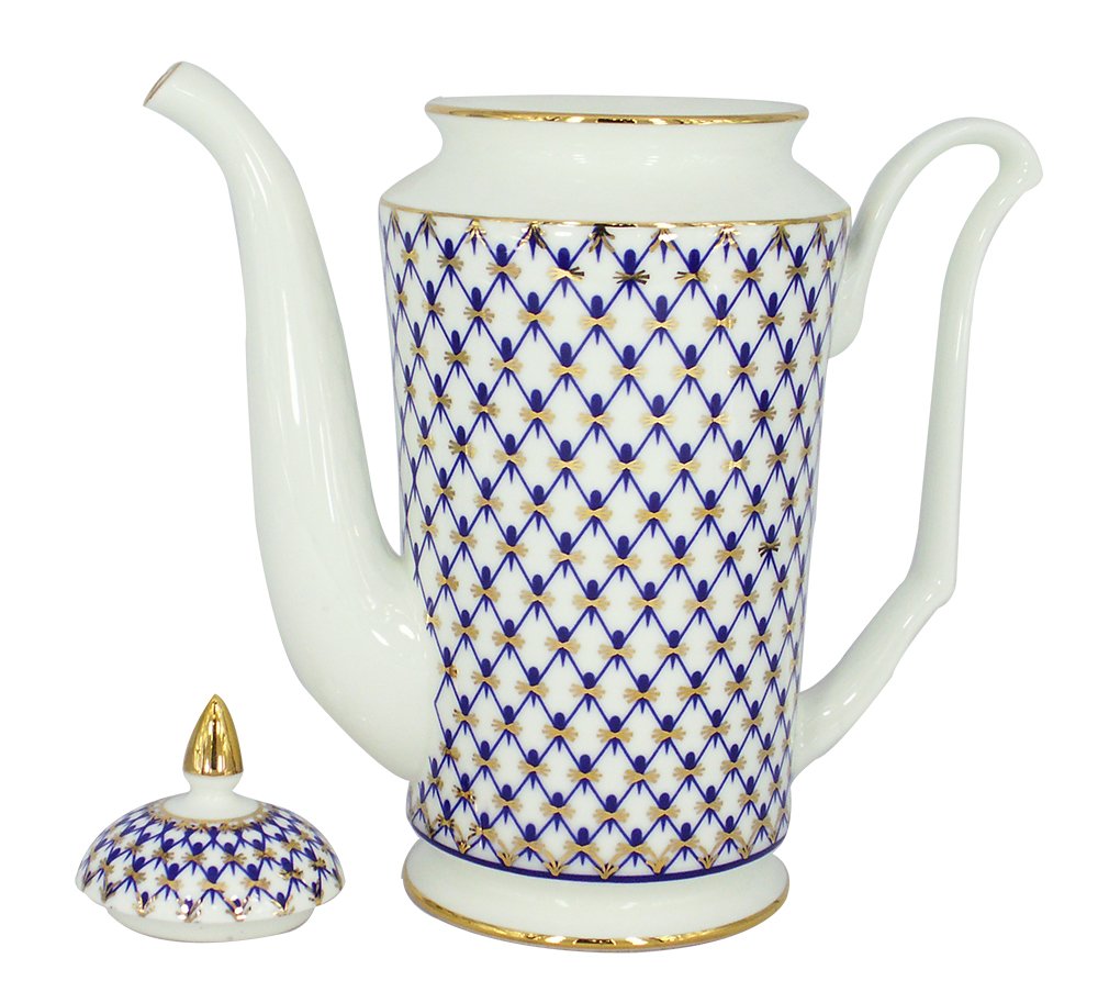 Lomonosov Porcelain Bone China Tea/Coffee Pot Yulia Cobalt Net 23.3 fl.oz/690 ml