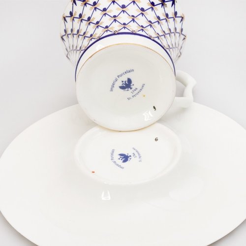 Imperial / Lomonosov Porcelain Teacup w/ Saucer "Cobalt Net"