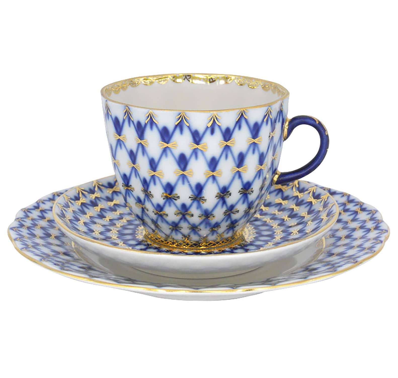 Lomonosov Porcelain Cobalt Net Coffee Cup and Saucer 3pc.