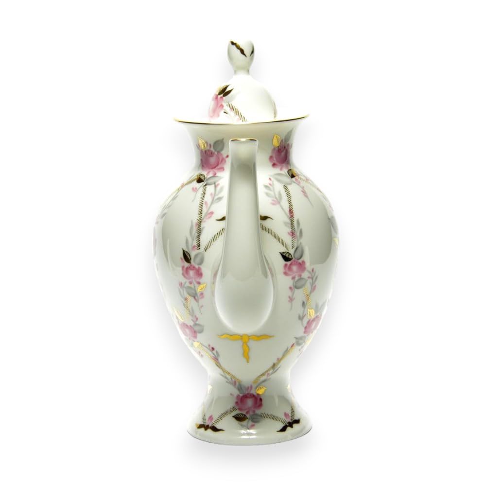 LOMONOSOV IMPERIAL BONE CHINA PORCELAIN COFFEE/TEA POT GALLANT 630 ml 21.3 oz, White, Pink, Green