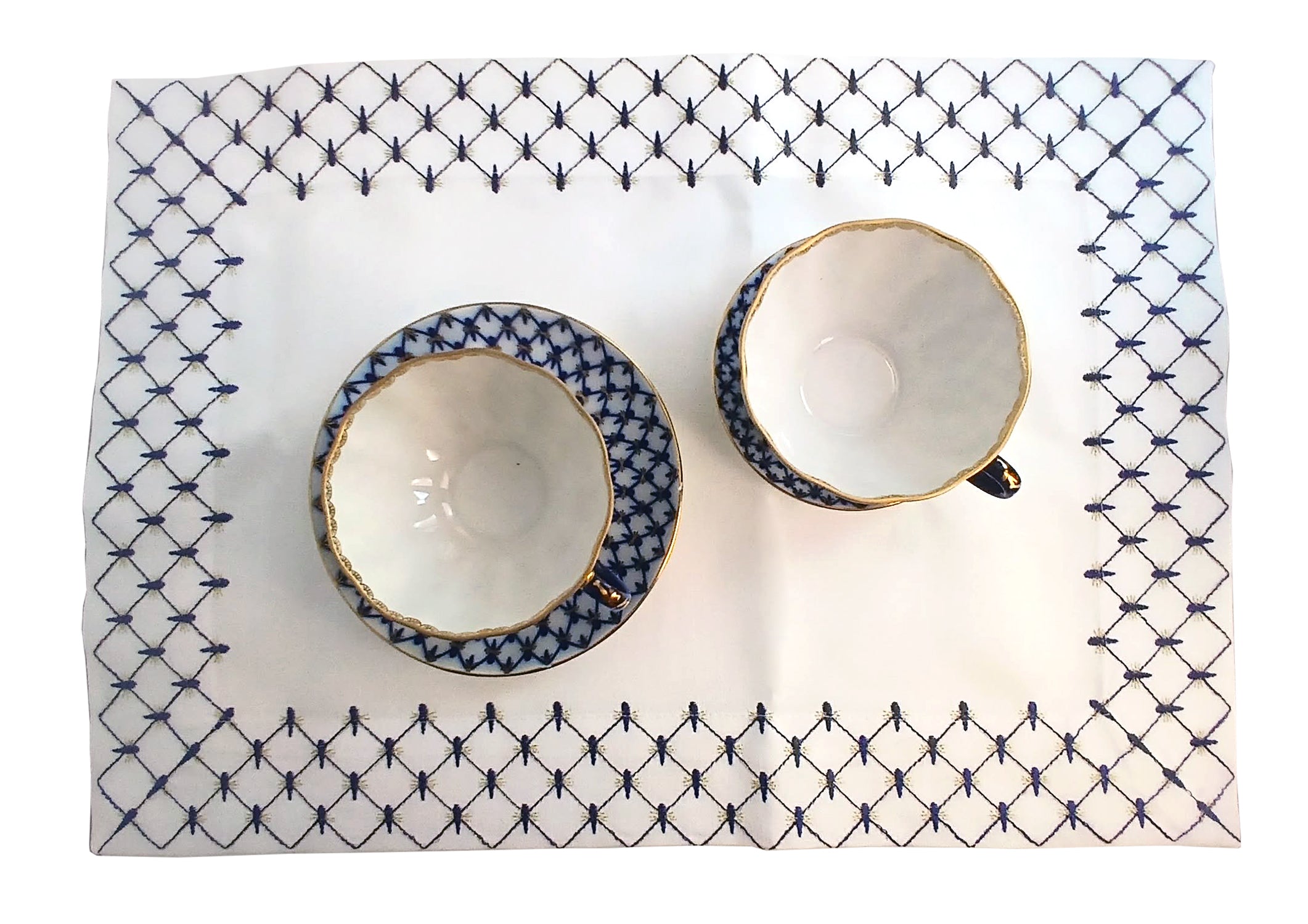 Lomonosov Embroidered Cobalt Net Patterns Table Accessories Set of 4