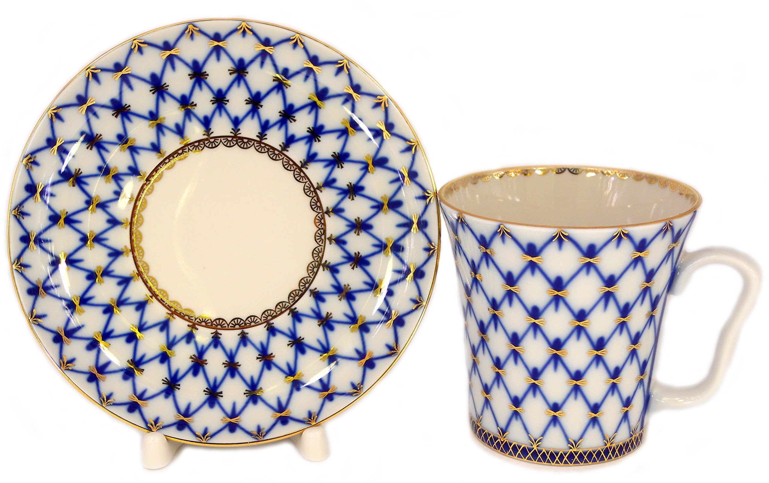 Lomonosov Imperial Porcelain Espresso Coffee Tea Cup with Saucer Cobalt Net