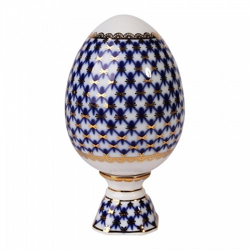 Lomonosov Porcelain Collectible Easter Egg on Stand Cobalt Net 22 Karat Gold