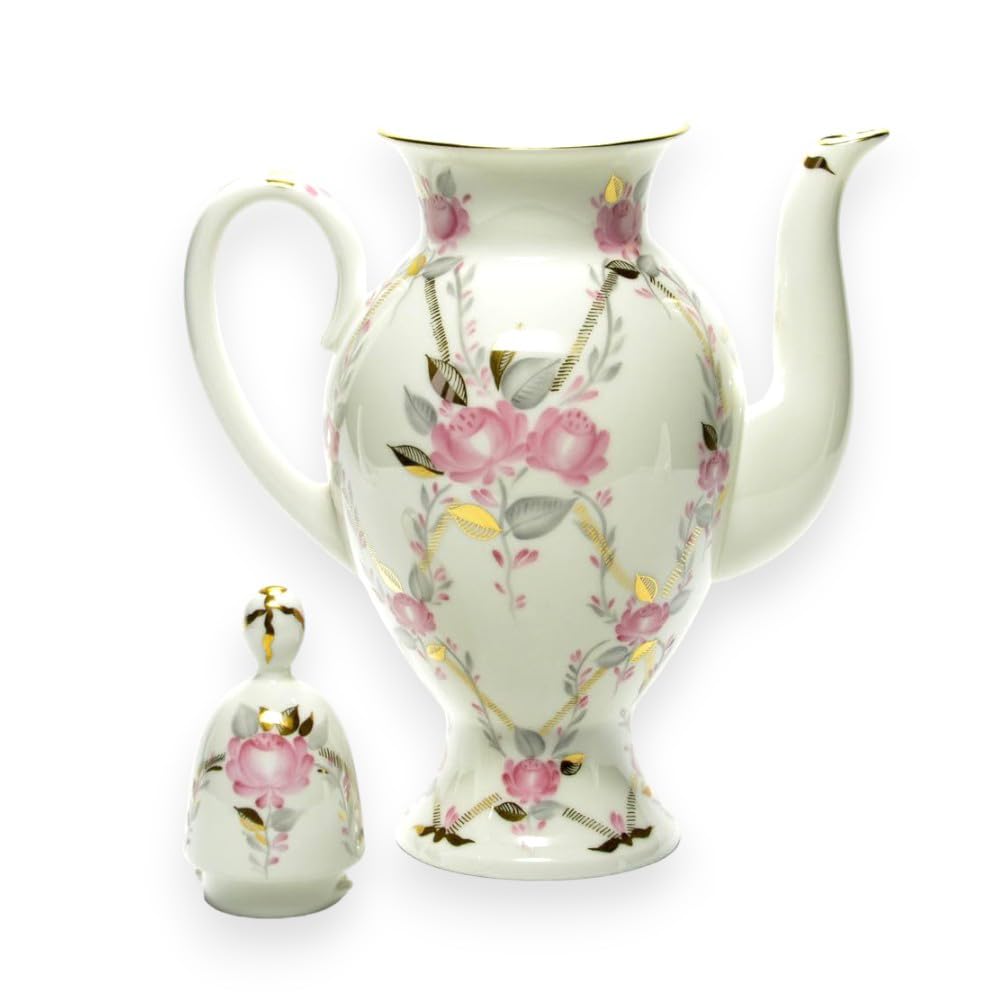 LOMONOSOV IMPERIAL BONE CHINA PORCELAIN COFFEE/TEA POT GALLANT 630 ml 21.3 oz, White, Pink, Green