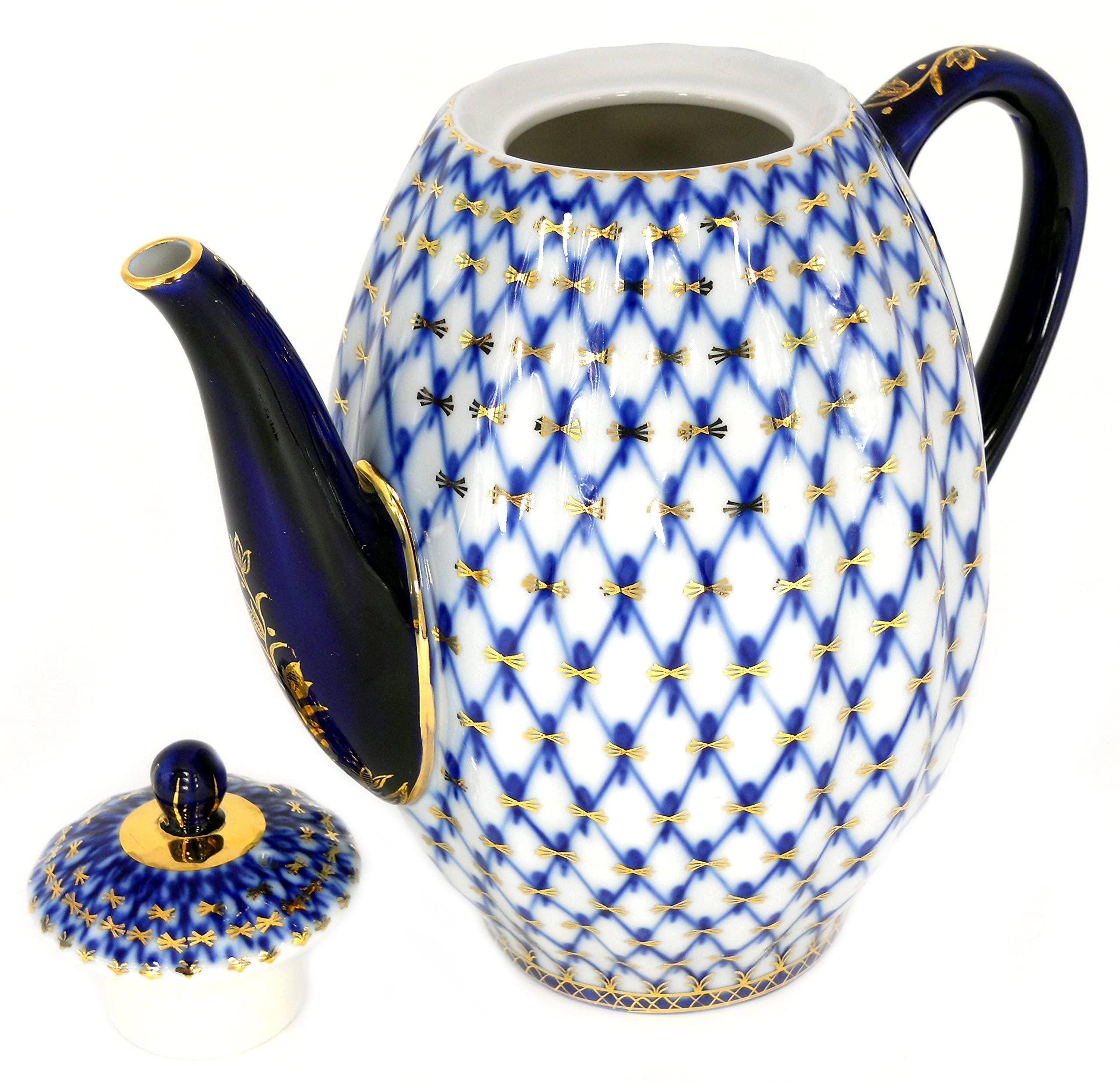 Lomonosov Porcelain 22 Karat Gold Cobalt Net Coffee Pot 8 Cups 40 oz/1200 ml