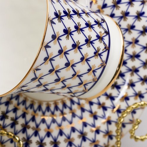 Imperial / Lomonosov Porcelain Teacup w/ Saucer "Cobalt Net"