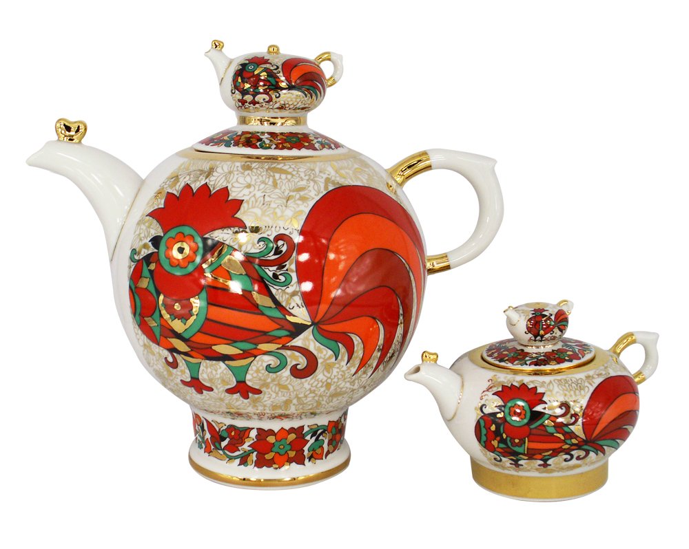 Lomonosov Porcelain TeaPots Red Rooster - 2 pieces (Big and Small)