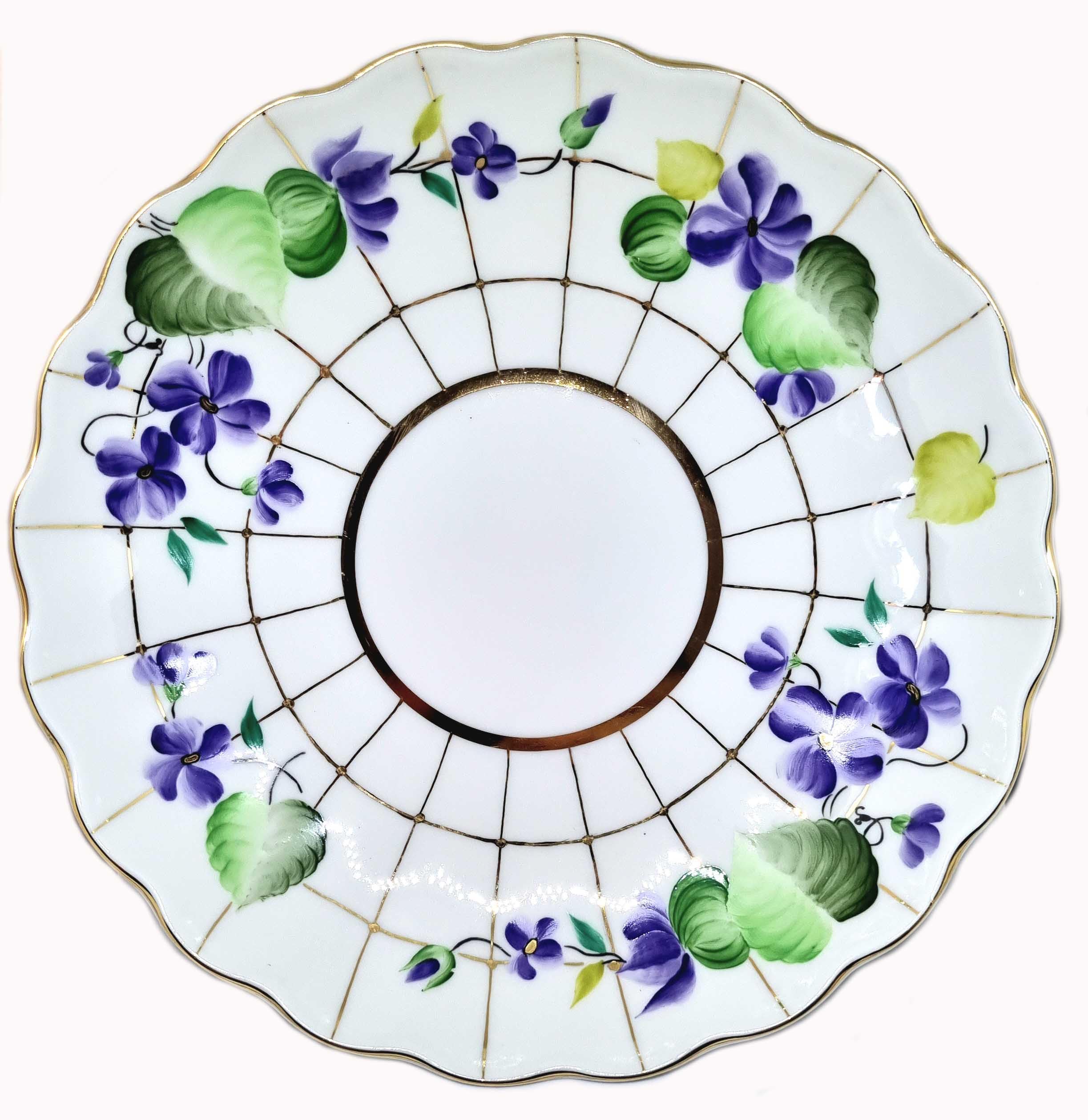 Lomonosov Imperial Porcelain Cookie Biscuit Pastry Cake Dish, 8.5"", Forest Violets Design, Purple/Green/White