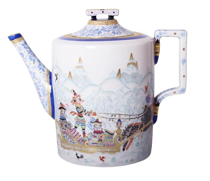 Lomonosov Porcelain Tea Set 4/10 Winter Fun, medium, White, Blue, Gold