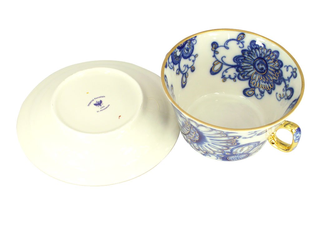 Lomonosov Porcelain Bouillon Soup Cup and Saucer Singing Garden 5.7 oz/170 ml