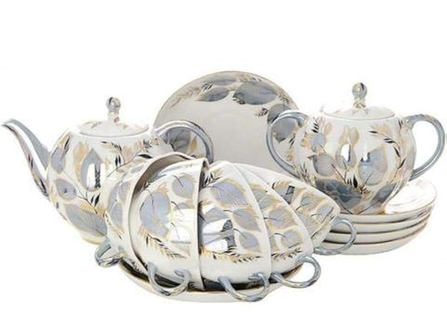 Lomonosov Porcelain Tulip Moonlight Tea Set 6/20: Tea Pot, Sugar Bowl, 6 Cups with Saucers and 6 Cake Plates