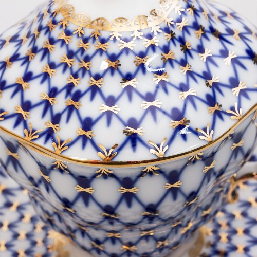 Imperial / Lomonosov Porcelain Cobalt Net Teacup w/ Saucer & Lid