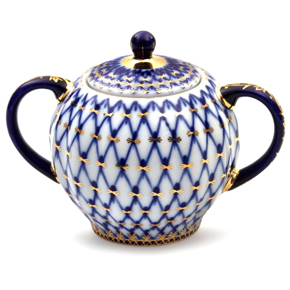 Lomonosov Porcelain Tulip Cobalt Net Tea Set 6/20: Tea Pot, Sugar Bowl, 6 Cups with Saucers and 6 Cake Plates.