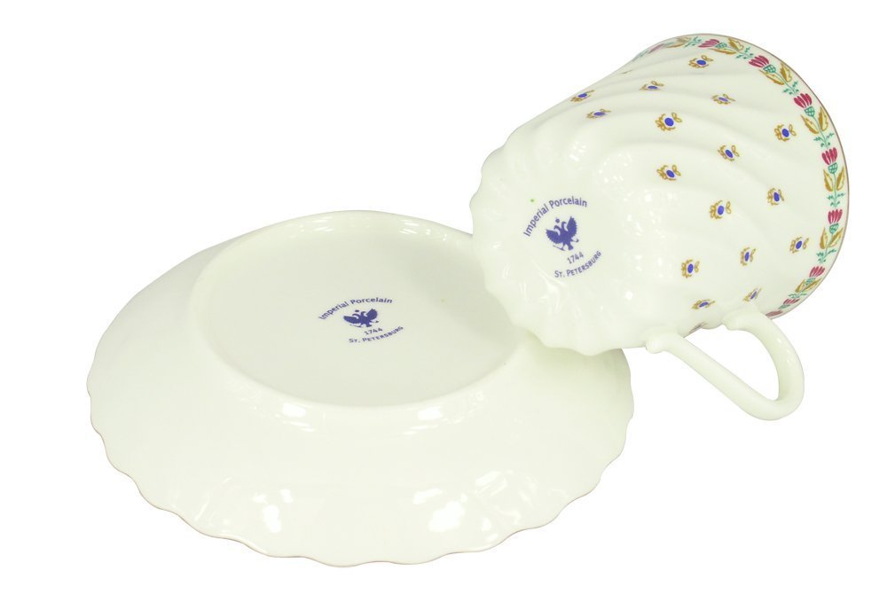 Lomonosov Porcelain Bone China Twist Tea/Coffee Cup and Saucer Tiny Blue Beries 5.24 fl.oz/155ml