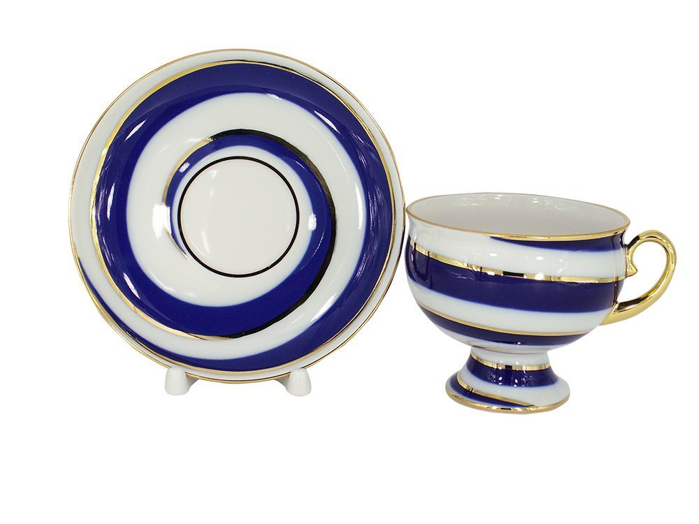 Lomonosov Porcelain Tea Set 2pc Cup and Saucer Twisted Loop 11 oz/325 ml