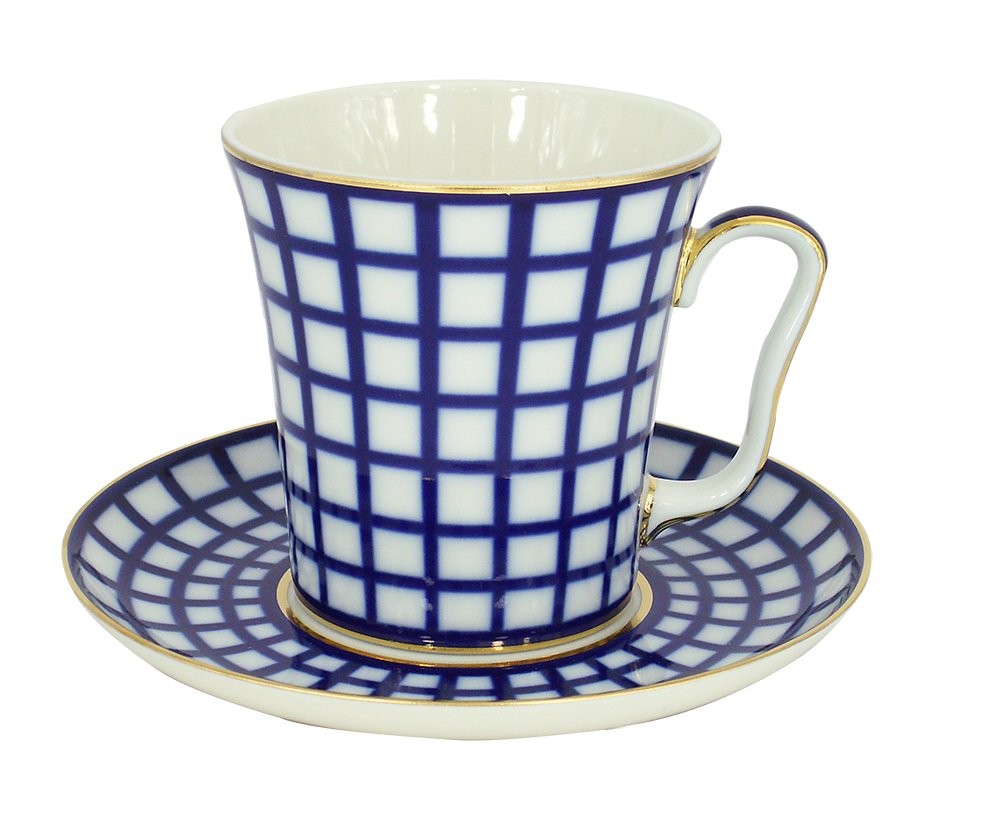 Lomonosov Porcelain Set Mug and Saucer 2pc Cobalt Cell 12.7 fl.oz