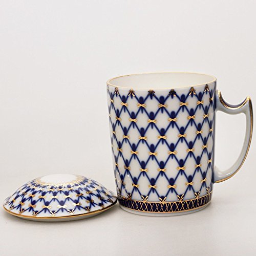 Imperial / Lomonosov Porcelain Mug w/ Lid and Saucer 'Cobalt Net'