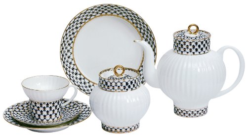 Lomonosov Porcelain Cobalt Net Wave Bone China Tea Set 20 pc