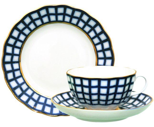 Lomonosov Imperial Porcelain Tea Set, 3 Piece Tulip Cobalt Cell Pattern, 8.45 oz, Blue and White with Gold Rim