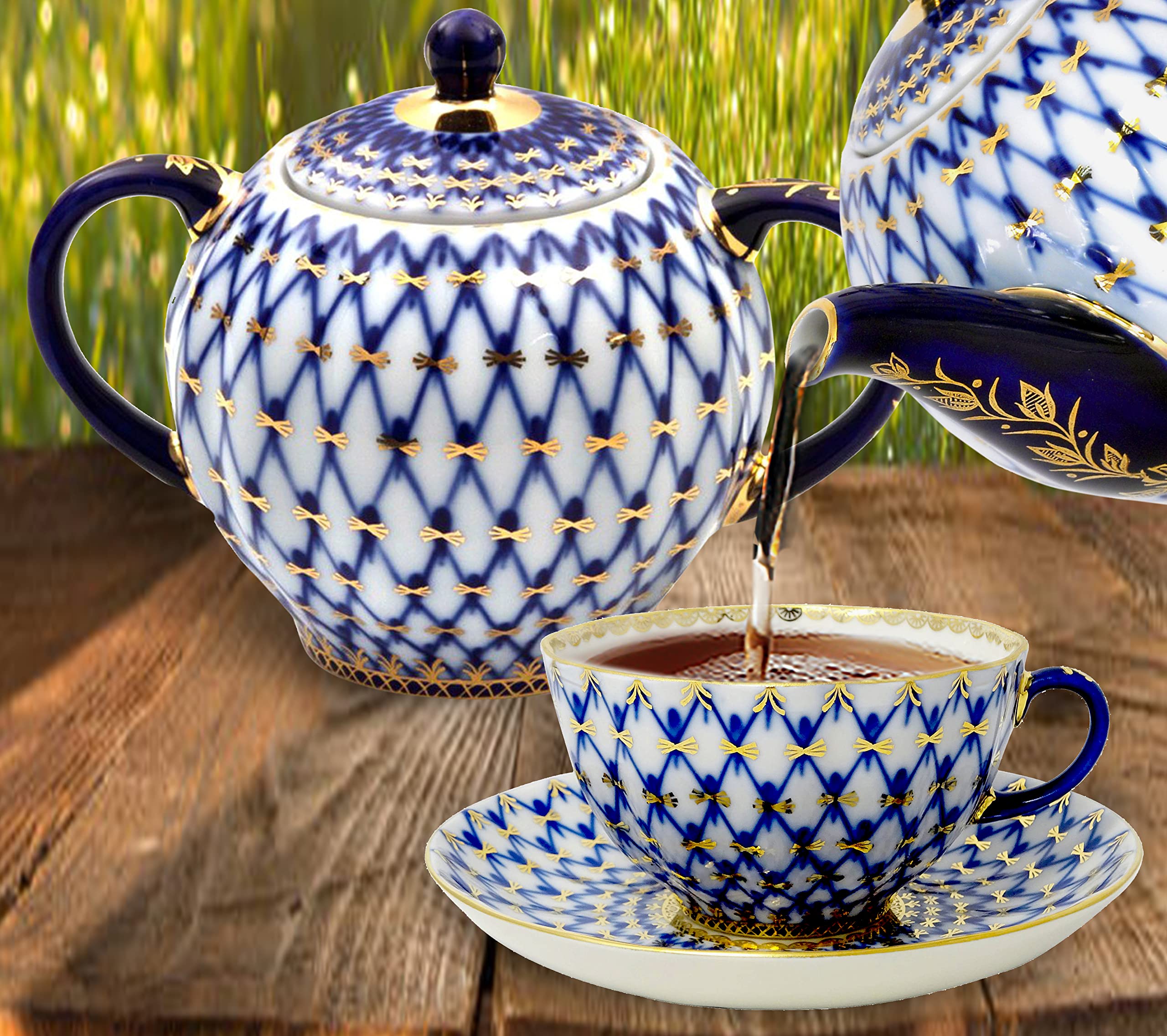 Lomonosov Porcelain Tulip Cobalt Net Tea Set 6/20: Tea Pot, Sugar Bowl, 6 Cups with Saucers and 6 Cake Plates.