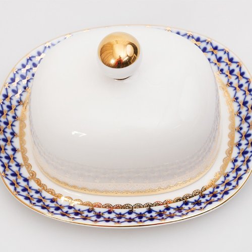 Imperial/Lomonosov Porcelain Butter Dish"Cobalt Net"